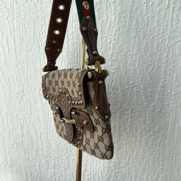 Gucci GG monogram studded horse bit web shoulder bag - Picture 1 of 16
